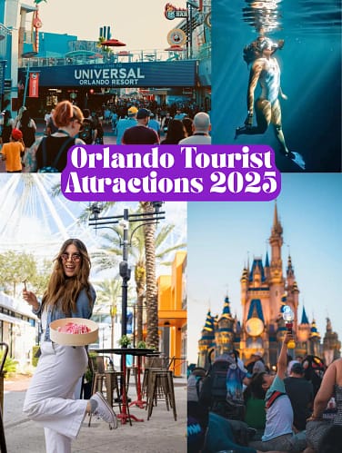 Collage of top Orlando tourist attractions in 2025 including Universal Orlando Resort, Disney Castle, ICON Park, and water experiences.