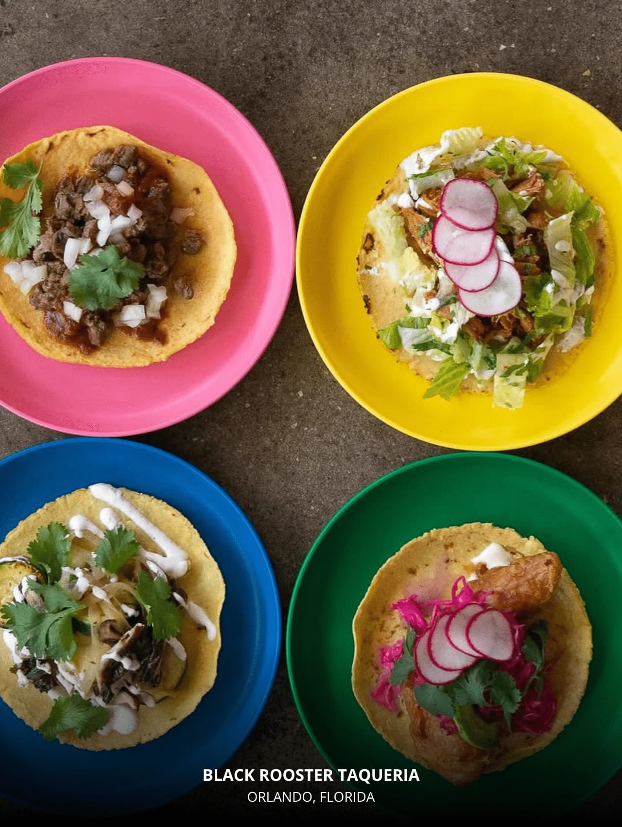 Colorful taco plates from Black Rooster Taqueria – best Orlando restaurants for modern Mexican cuisine.