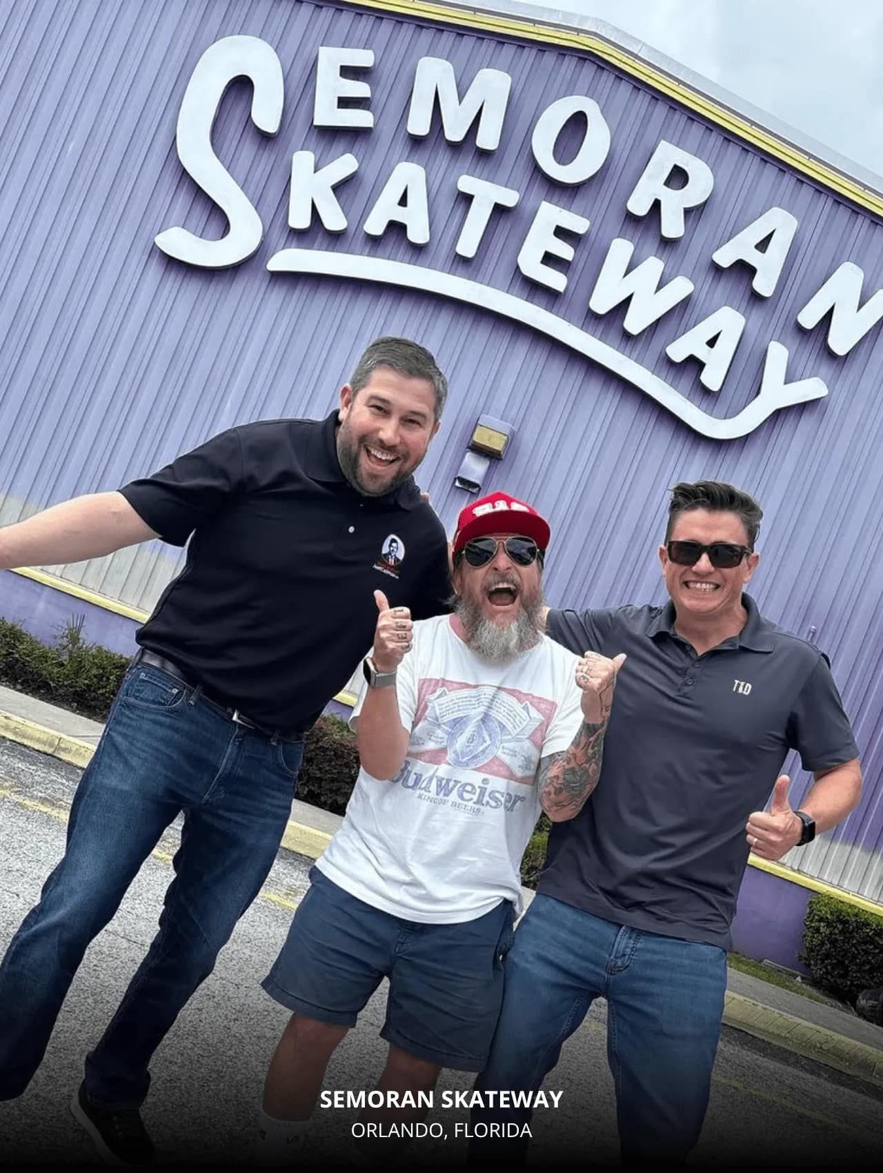 Three friends pose excitedly outside Semoran Skateway – a top local spot for fun things to do in Orlando.