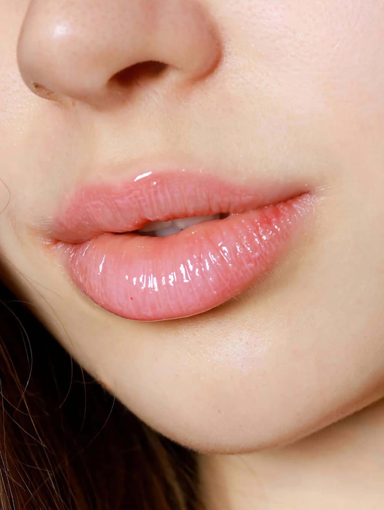 Close-up of glossy, natural-looking lips showcasing results of lip filler treatment.