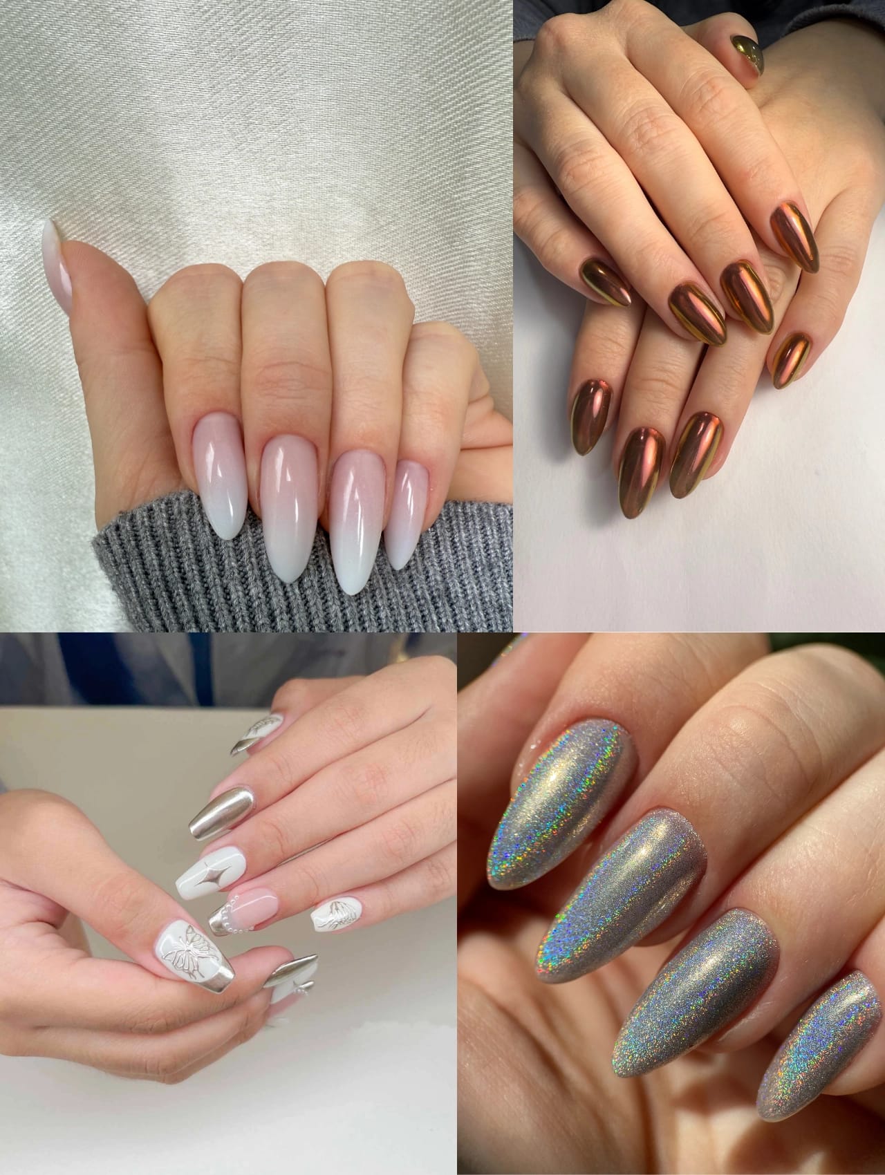 Metallic chrome almond nails design inspiration for New Year Eve Nails showcasing warm gold and pink reflective polish.