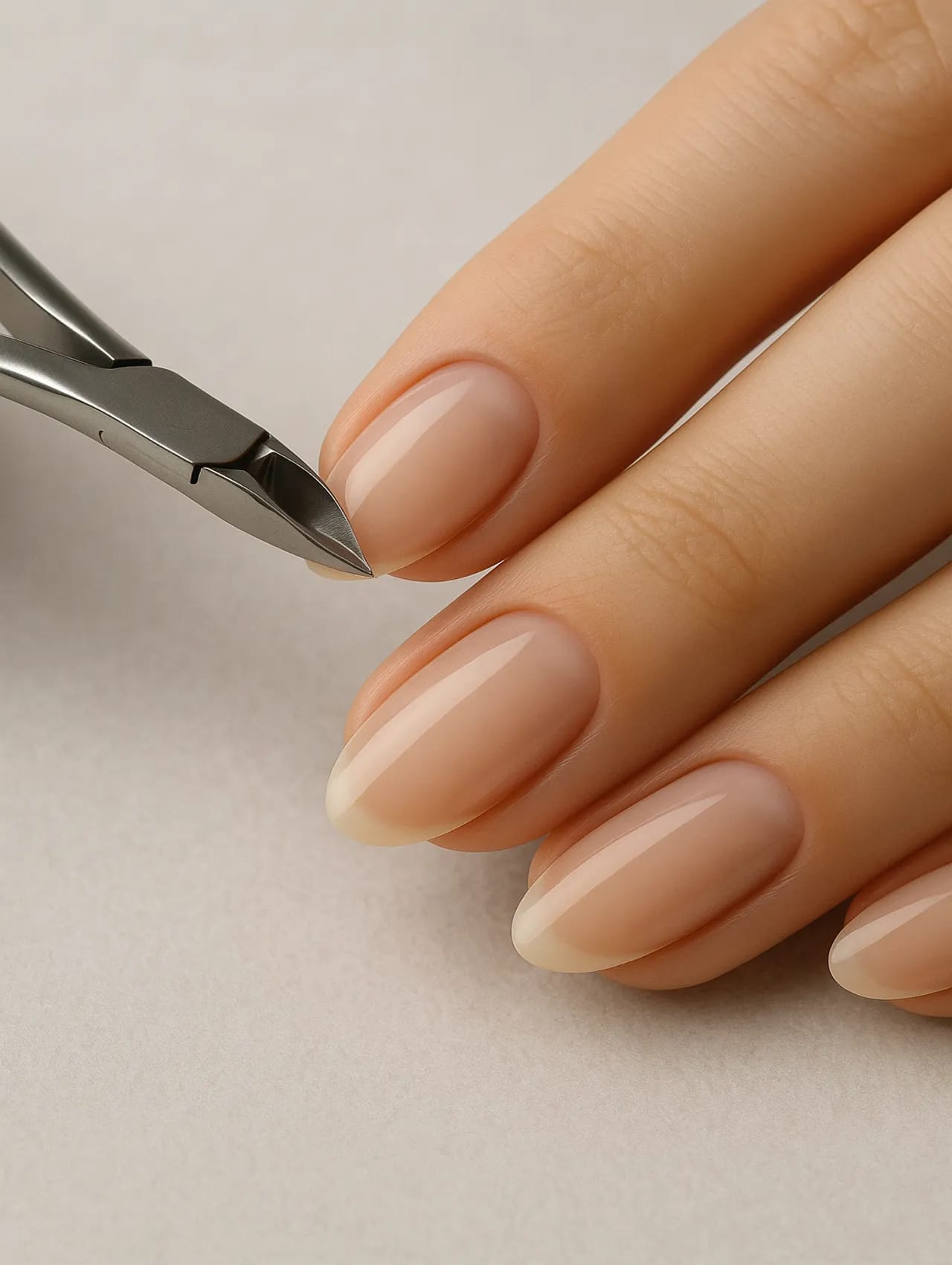 Stainless steel nipper trimming lifted cuticle from natural nail in a Russian manicure