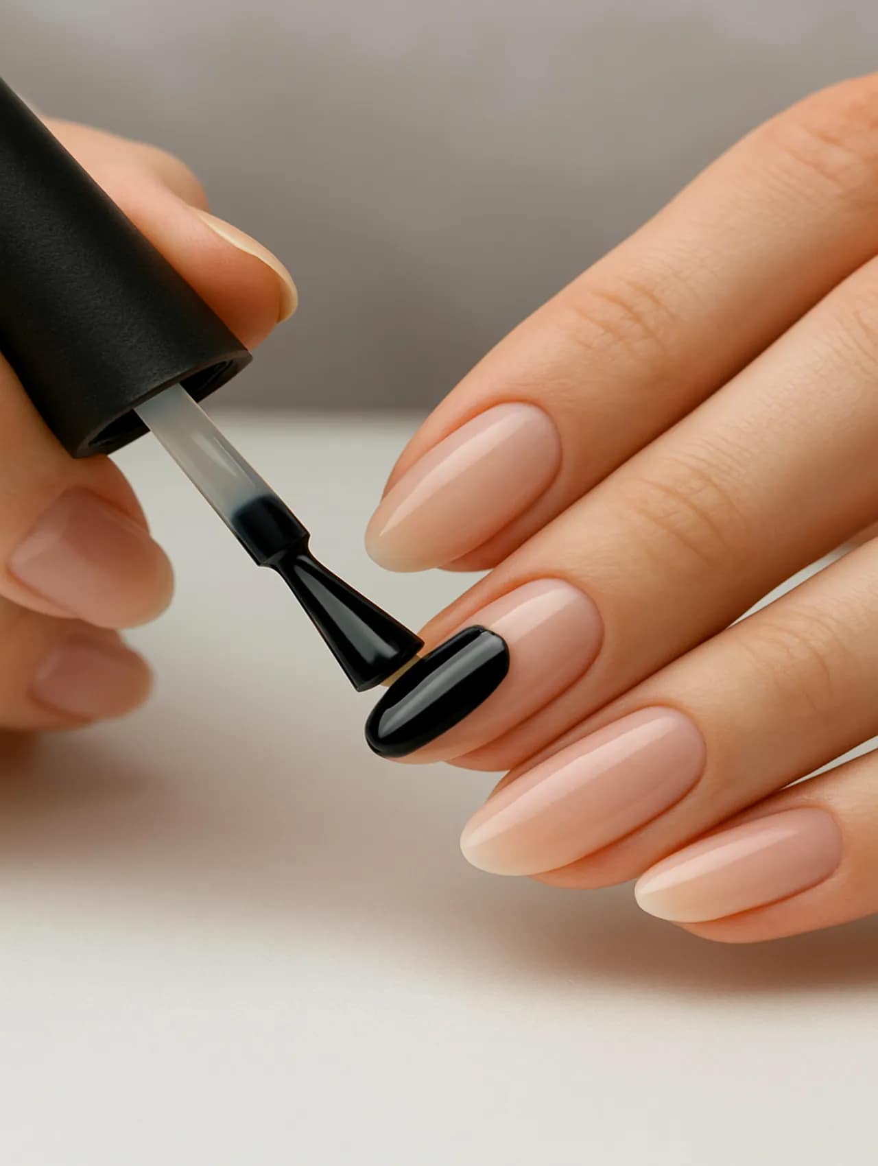 Gel polish being precisely applied to a nail after Russian manicure cuticle work